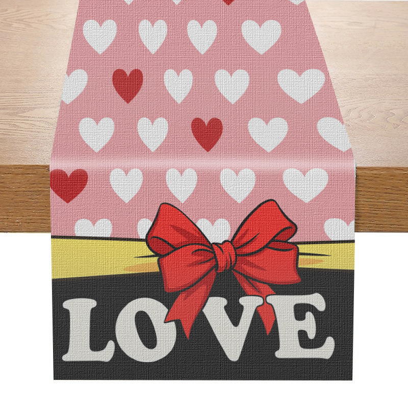 Lanena stolna štola s motivom srca i slova, Valentinovski stil, prilagodljiva, za dnevni boravak, spavaću sobu ili restoran