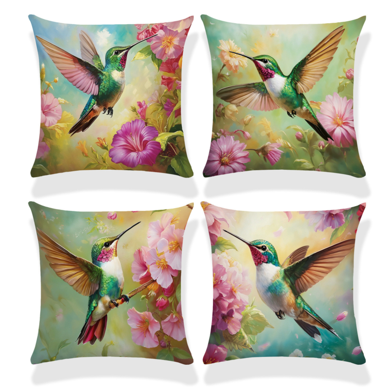 Párnahuzat – kolibri-hibiszkusz-wolf- és macska mintázat (rövid plüss; Nordic sorozat; nappali)