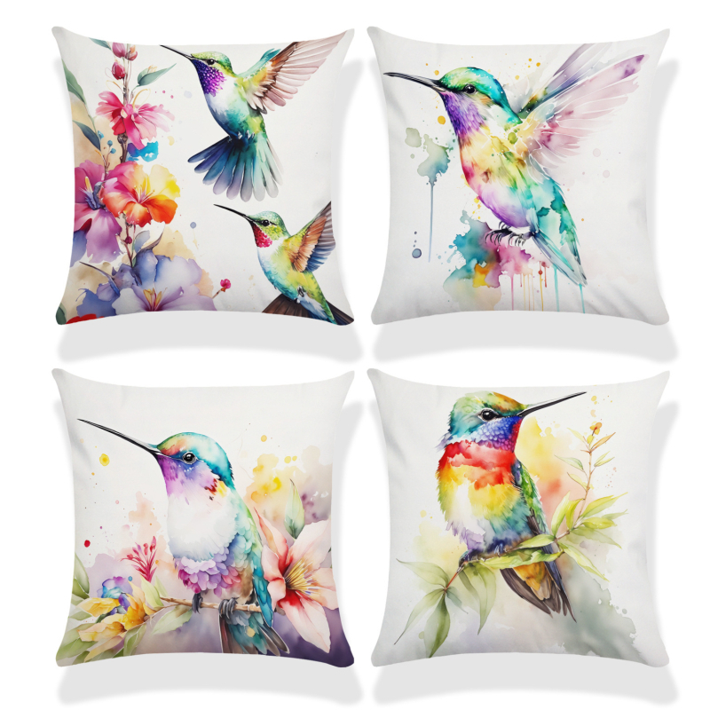 Párnahuzat – kolibri-hibiszkusz-wolf- és macska mintázat (rövid plüss; Nordic sorozat; nappali)