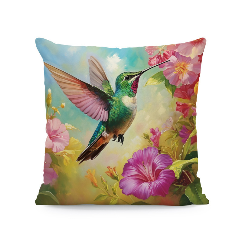 Párnahuzat – kolibri-hibiszkusz-wolf- és macska mintázat (rövid plüss; Nordic sorozat; nappali)