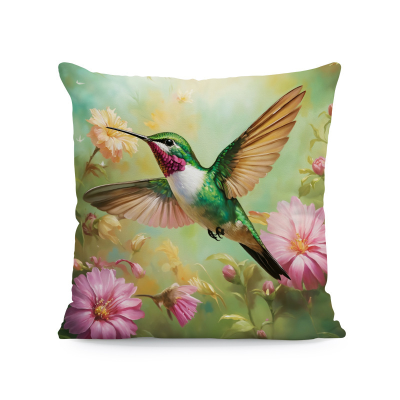 Párnahuzat – kolibri-hibiszkusz-wolf- és macska mintázat (rövid plüss; Nordic sorozat; nappali)