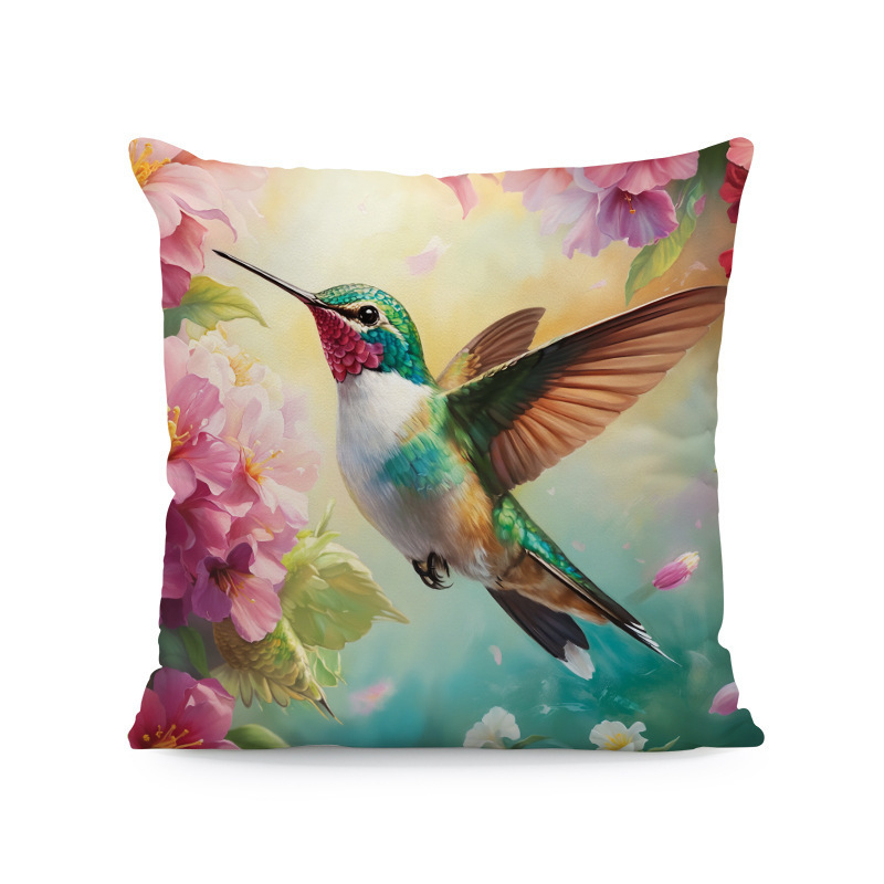 Párnahuzat – kolibri-hibiszkusz-wolf- és macska mintázat (rövid plüss; Nordic sorozat; nappali)