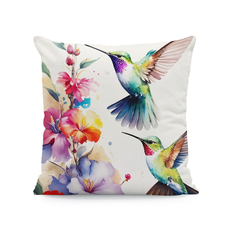 Párnahuzat – kolibri-hibiszkusz-wolf- és macska mintázat (rövid plüss; Nordic sorozat; nappali)