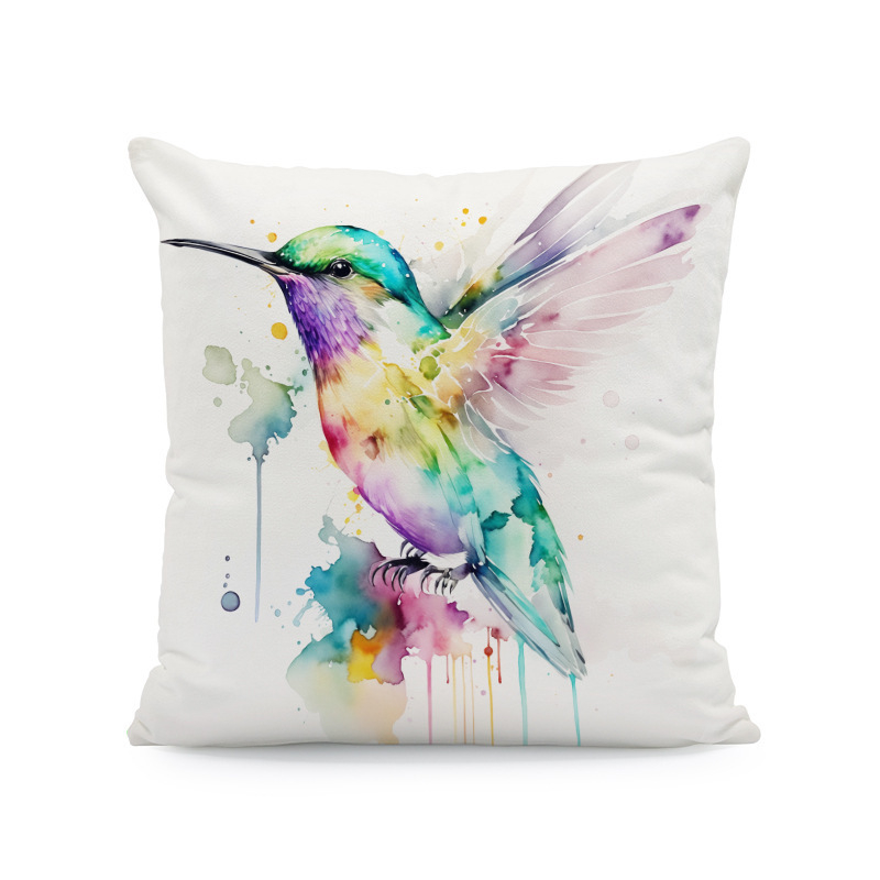 Párnahuzat – kolibri-hibiszkusz-wolf- és macska mintázat (rövid plüss; Nordic sorozat; nappali)