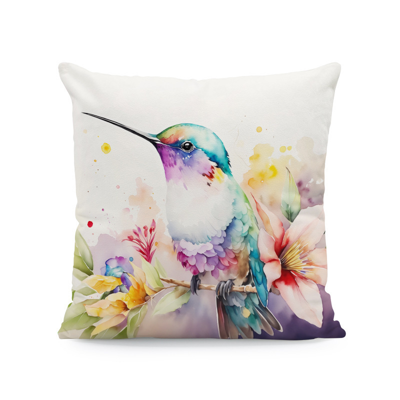 Párnahuzat – kolibri-hibiszkusz-wolf- és macska mintázat (rövid plüss; Nordic sorozat; nappali)