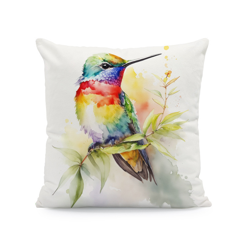 Párnahuzat – kolibri-hibiszkusz-wolf- és macska mintázat (rövid plüss; Nordic sorozat; nappali)