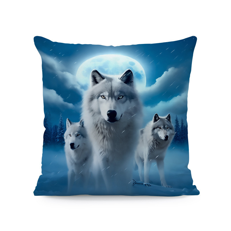 Párnahuzat – kolibri-hibiszkusz-wolf- és macska mintázat (rövid plüss; Nordic sorozat; nappali)