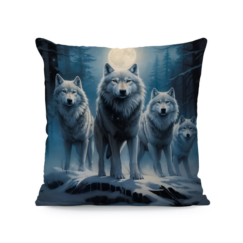 Párnahuzat – kolibri-hibiszkusz-wolf- és macska mintázat (rövid plüss; Nordic sorozat; nappali)