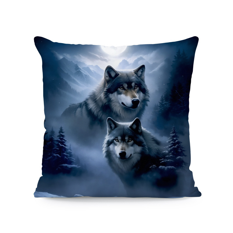 Párnahuzat – kolibri-hibiszkusz-wolf- és macska mintázat (rövid plüss; Nordic sorozat; nappali)