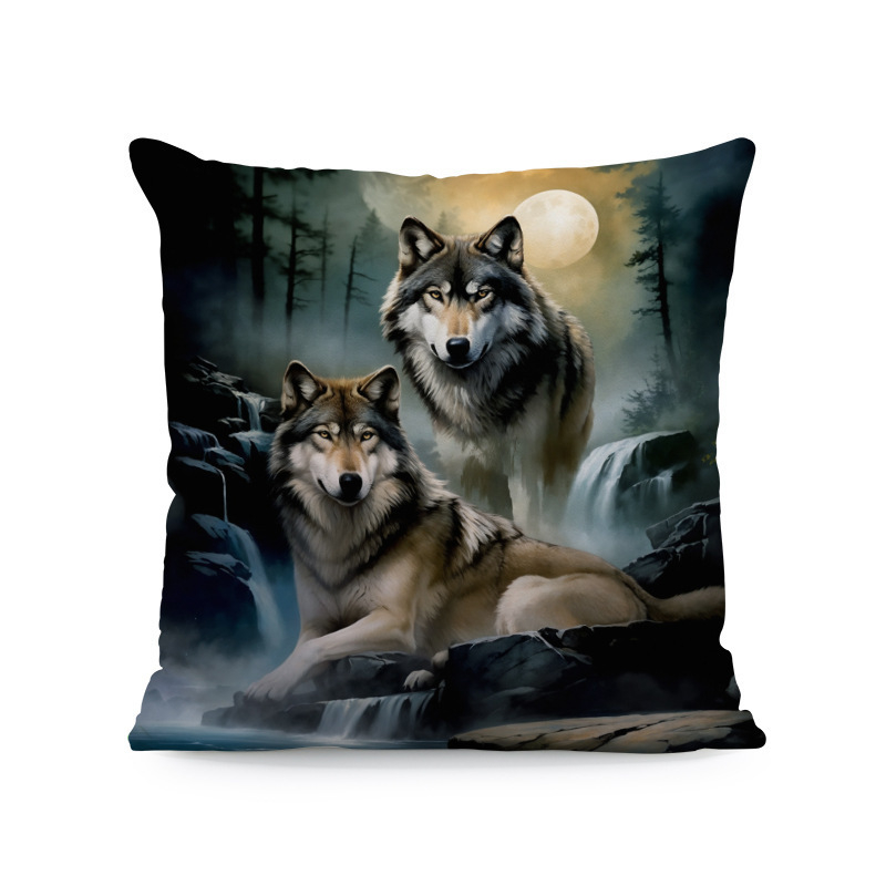 Párnahuzat – kolibri-hibiszkusz-wolf- és macska mintázat (rövid plüss; Nordic sorozat; nappali)