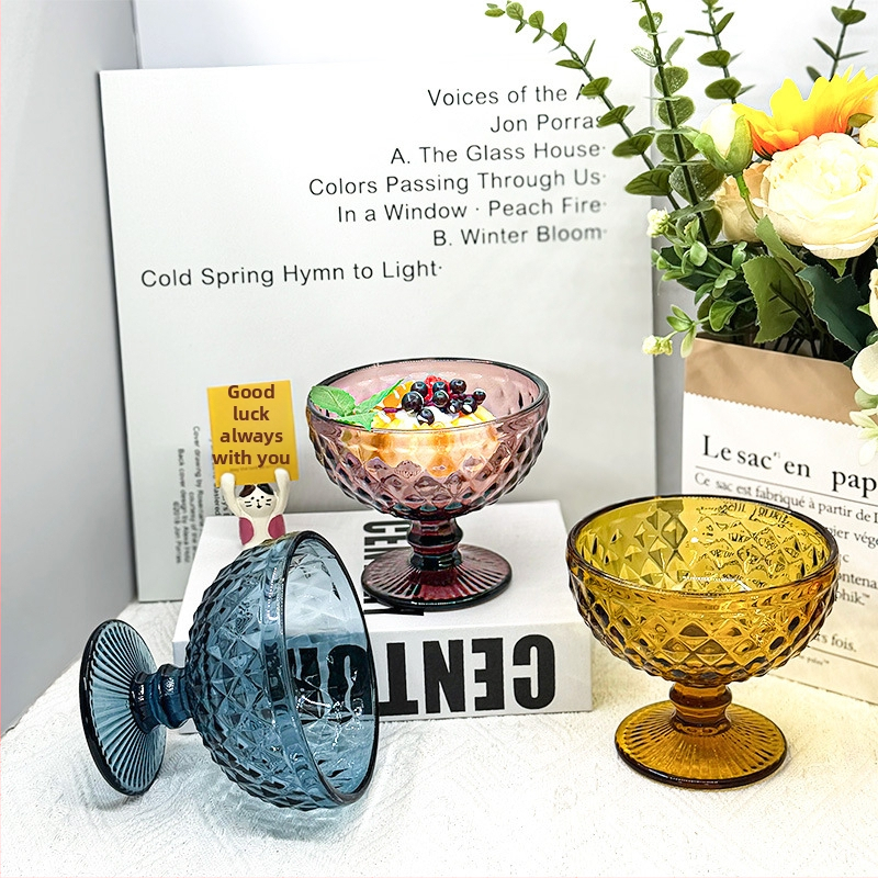 Youjia стъклена купа за сладолед — Европейски стил с релефна шарка, удебелено стъкло, щампована повърхност, многофункционална за сладолед, плодове и салати