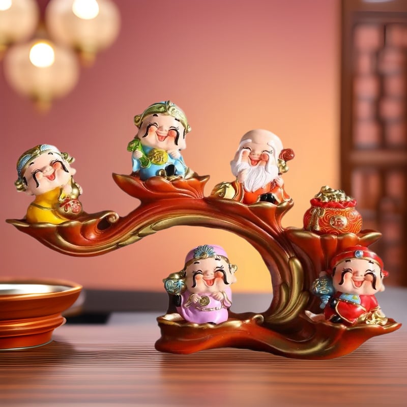 Öt Gazdagság Istene figurája, gyanta anyagú, kínai stílusú, Furdy márka, ideális irodai dekorációhoz, előszoba és üzletnyitási ajándék