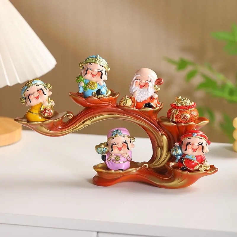 Öt Gazdagság Istene figurája, gyanta anyagú, kínai stílusú, Furdy márka, ideális irodai dekorációhoz, előszoba és üzletnyitási ajándék