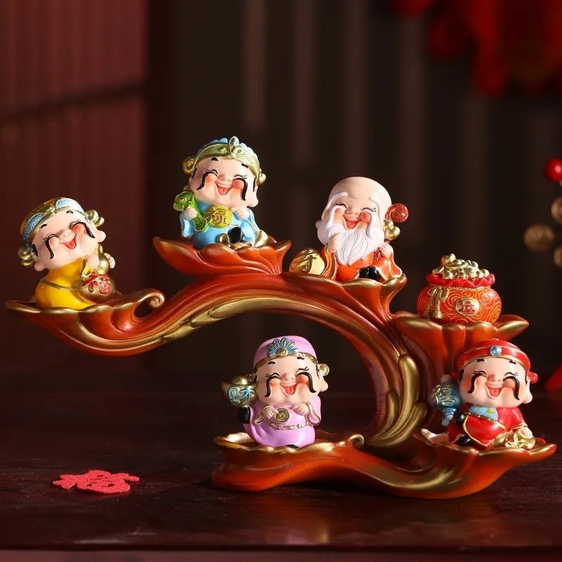 Öt Gazdagság Istene figurája, gyanta anyagú, kínai stílusú, Furdy márka, ideális irodai dekorációhoz, előszoba és üzletnyitási ajándék