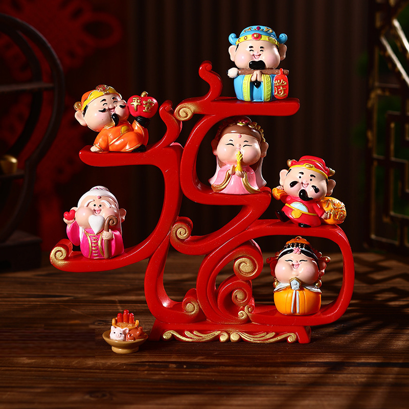 Öt Gazdagság Istene figurája, gyanta anyagú, kínai stílusú, Furdy márka, ideális irodai dekorációhoz, előszoba és üzletnyitási ajándék