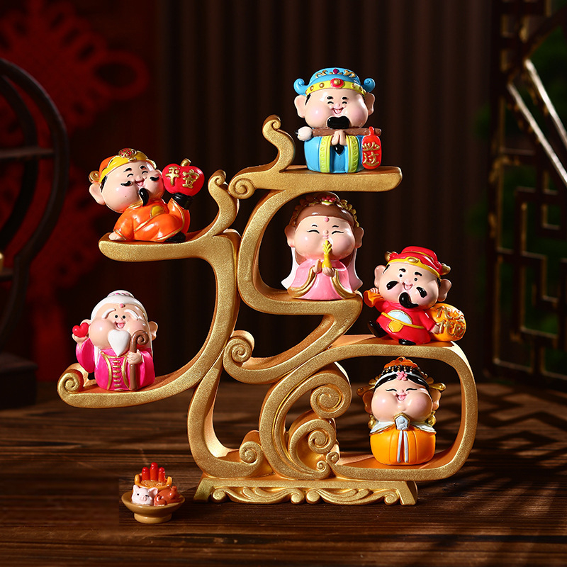 Öt Gazdagság Istene figurája, gyanta anyagú, kínai stílusú, Furdy márka, ideális irodai dekorációhoz, előszoba és üzletnyitási ajándék