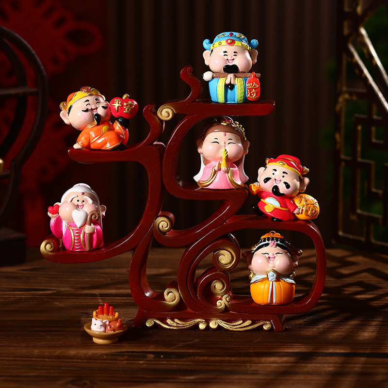 Öt Gazdagság Istene figurája, gyanta anyagú, kínai stílusú, Furdy márka, ideális irodai dekorációhoz, előszoba és üzletnyitási ajándék