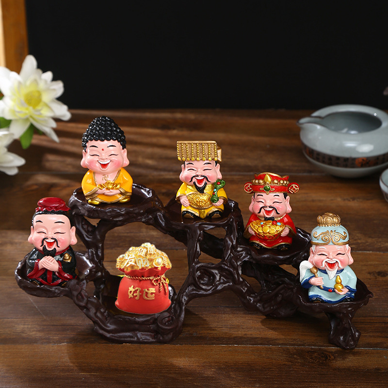 Öt Gazdagság Istene figurája, gyanta anyagú, kínai stílusú, Furdy márka, ideális irodai dekorációhoz, előszoba és üzletnyitási ajándék
