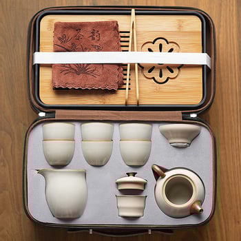 Комплект кунг-фу чай Ру керамика, подложка за чай от бамбук, ледено напукана глазура, подаръчна кутия, за 6 човека, персонализируем