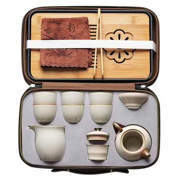 Комплект кунг-фу чай Ру керамика, подложка за чай от бамбук, ледено напукана глазура, подаръчна кутия, за 6 човека, персонализируем