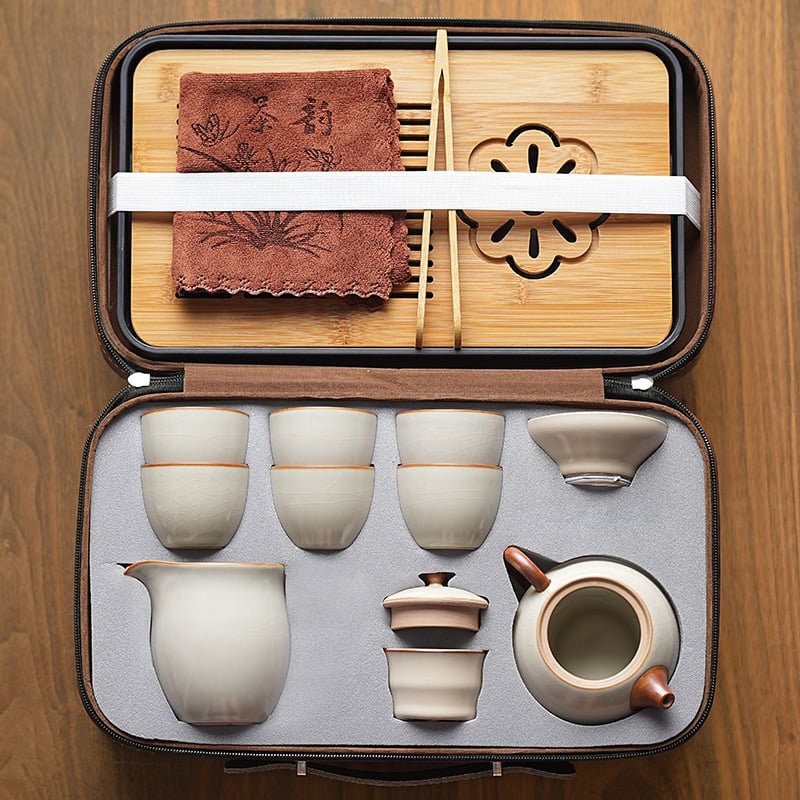 Комплект кунг-фу чай Ру керамика, подложка за чай от бамбук, ледено напукана глазура, подаръчна кутия, за 6 човека, персонализируем