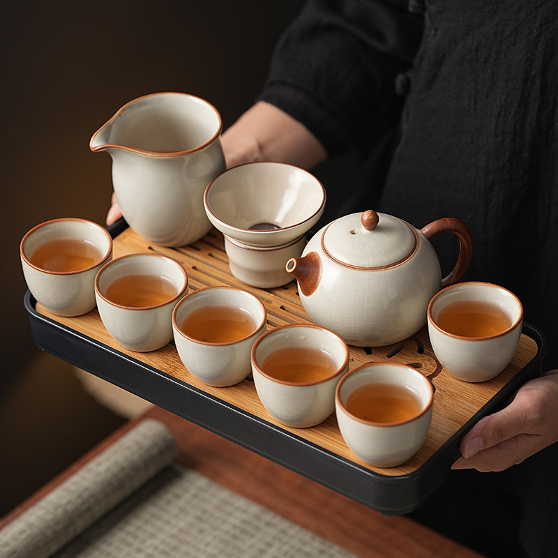 Комплект кунг-фу чай Ру керамика, подложка за чай от бамбук, ледено напукана глазура, подаръчна кутия, за 6 човека, персонализируем