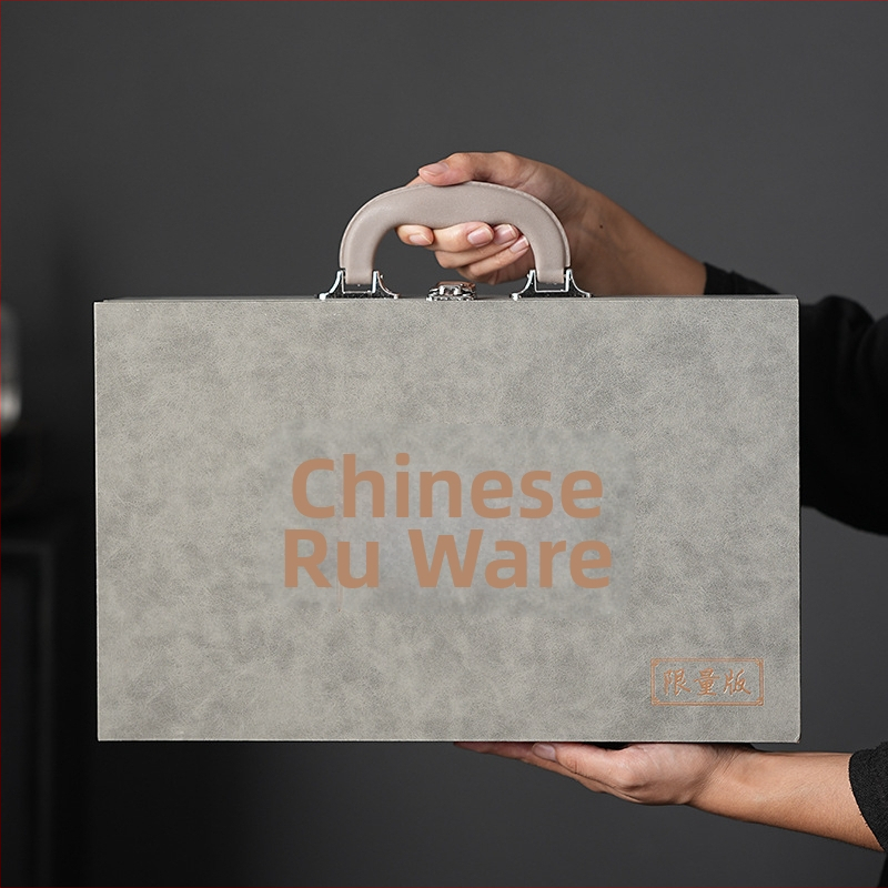 Комплект кунг-фу чай Ру керамика, подложка за чай от бамбук, ледено напукана глазура, подаръчна кутия, за 6 човека, персонализируем