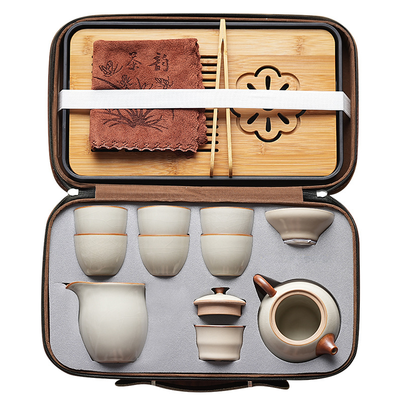 Комплект кунг-фу чай Ру керамика, подложка за чай от бамбук, ледено напукана глазура, подаръчна кутия, за 6 човека, персонализируем