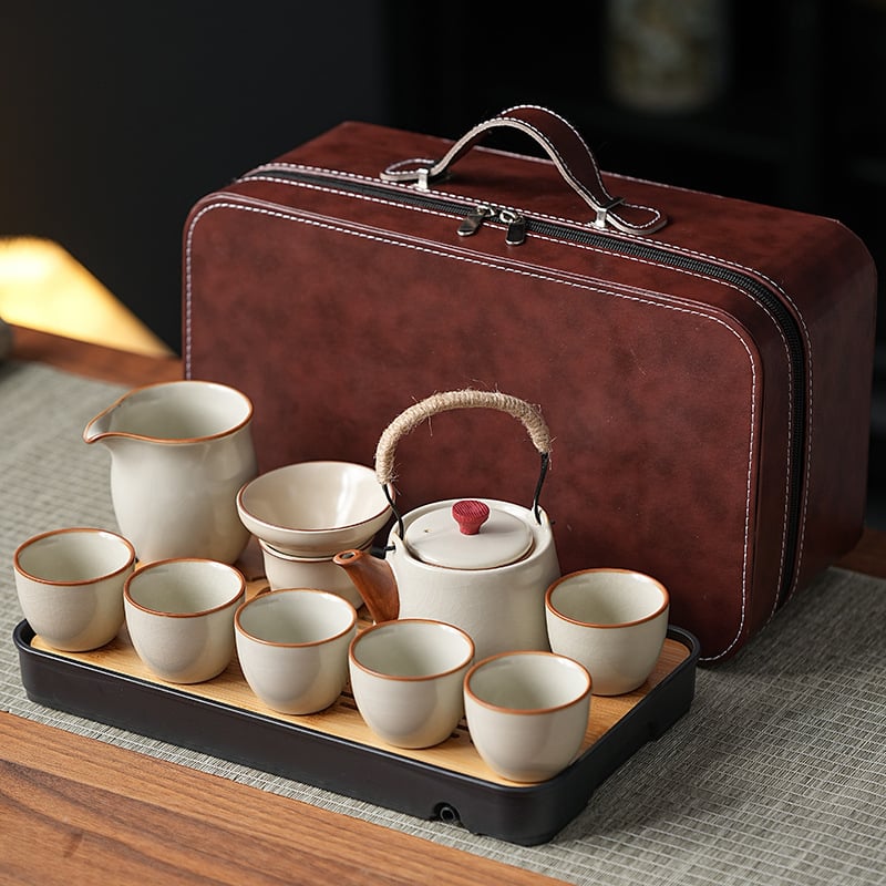 Комплект кунг-фу чай Ру керамика, подложка за чай от бамбук, ледено напукана глазура, подаръчна кутия, за 6 човека, персонализируем