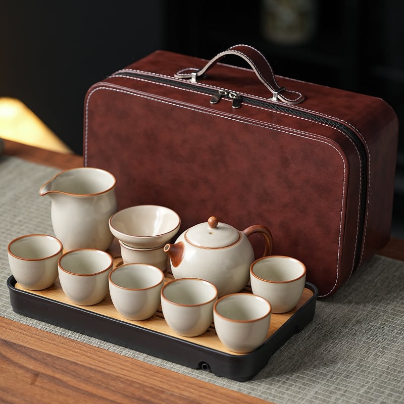 Комплект кунг-фу чай Ру керамика, подложка за чай от бамбук, ледено напукана глазура, подаръчна кутия, за 6 човека, персонализируем