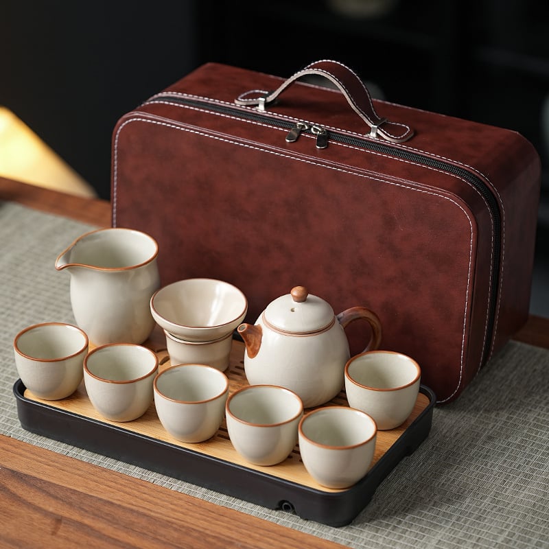 Комплект кунг-фу чай Ру керамика, подложка за чай от бамбук, ледено напукана глазура, подаръчна кутия, за 6 човека, персонализируем