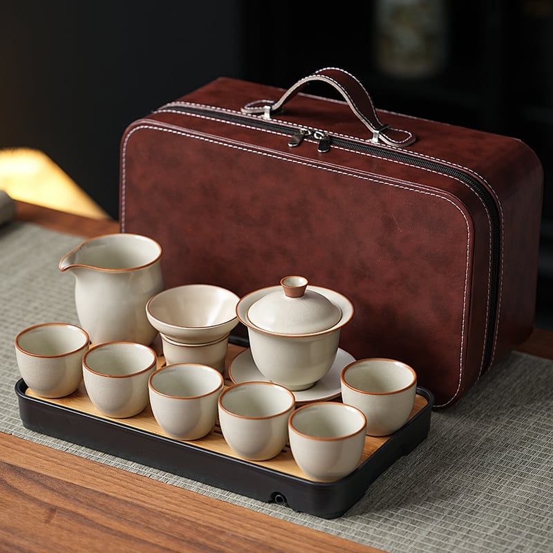 Комплект кунг-фу чай Ру керамика, подложка за чай от бамбук, ледено напукана глазура, подаръчна кутия, за 6 човека, персонализируем