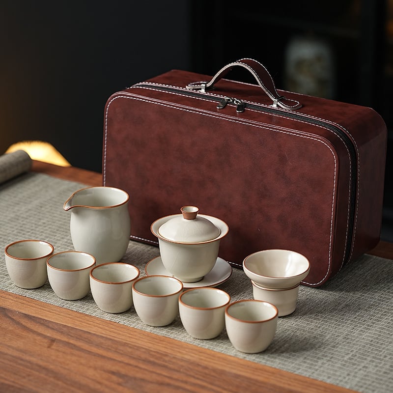 Комплект кунг-фу чай Ру керамика, подложка за чай от бамбук, ледено напукана глазура, подаръчна кутия, за 6 човека, персонализируем