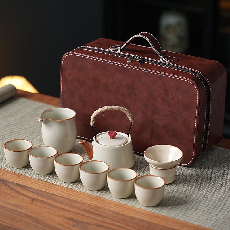 Комплект кунг-фу чай Ру керамика, подложка за чай от бамбук, ледено напукана глазура, подаръчна кутия, за 6 човека, персонализируем