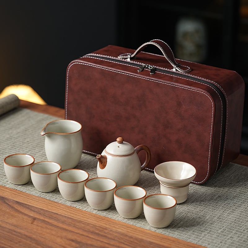 Комплект кунг-фу чай Ру керамика, подложка за чай от бамбук, ледено напукана глазура, подаръчна кутия, за 6 човека, персонализируем