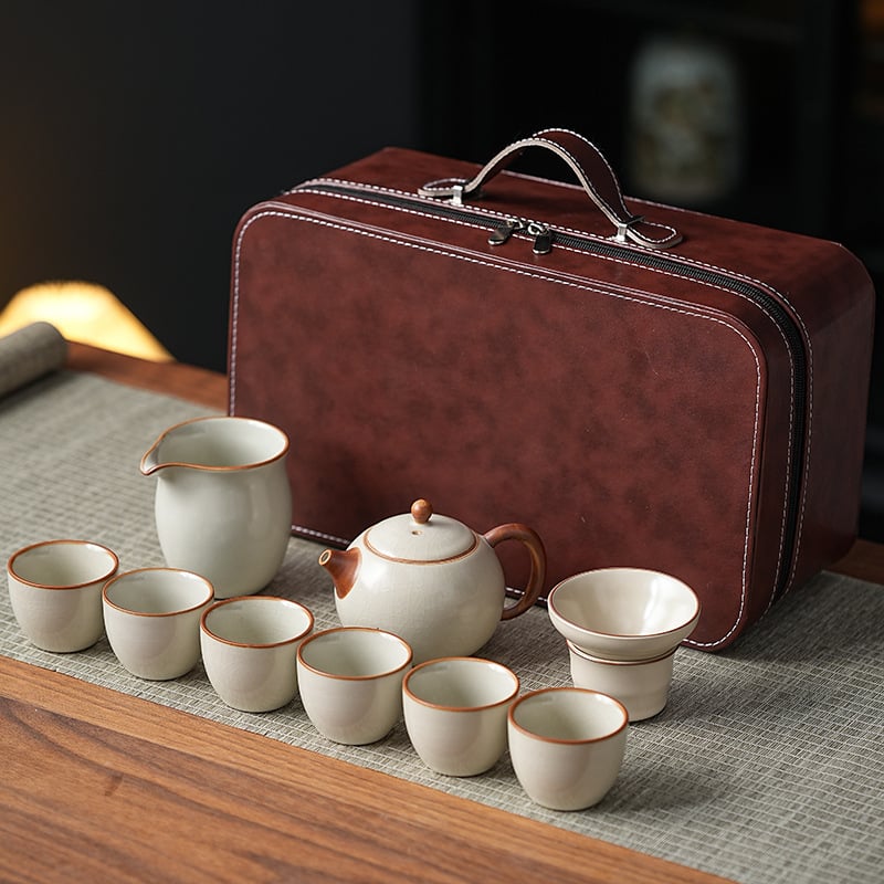 Комплект кунг-фу чай Ру керамика, подложка за чай от бамбук, ледено напукана глазура, подаръчна кутия, за 6 човека, персонализируем