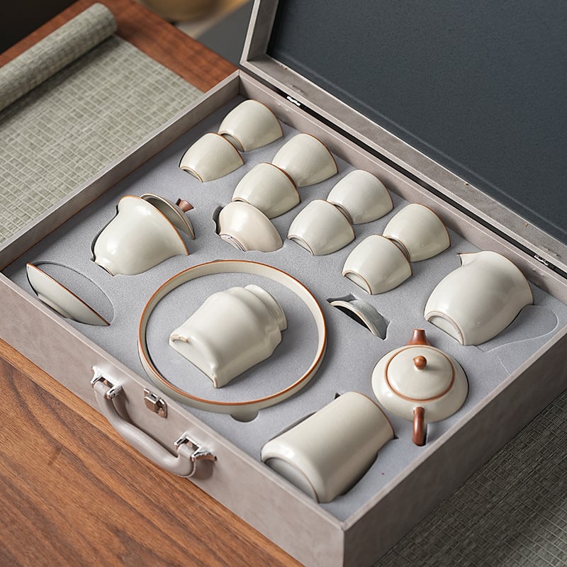 Комплект кунг-фу чай Ру керамика, подложка за чай от бамбук, ледено напукана глазура, подаръчна кутия, за 6 човека, персонализируем