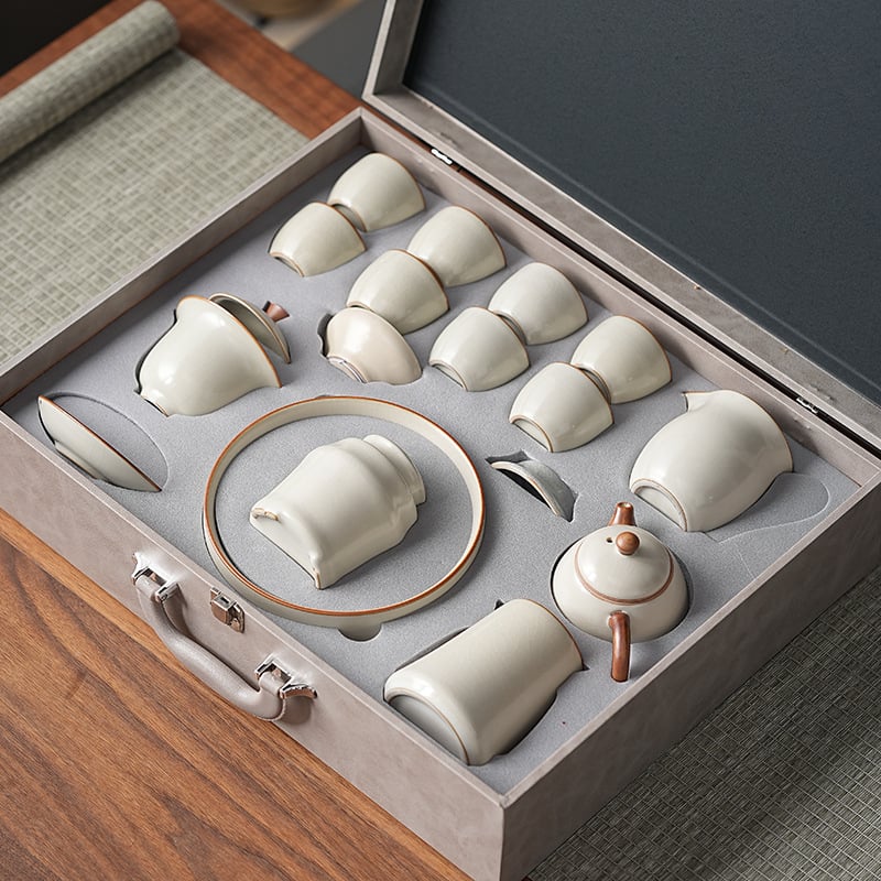 Комплект кунг-фу чай Ру керамика, подложка за чай от бамбук, ледено напукана глазура, подаръчна кутия, за 6 човека, персонализируем