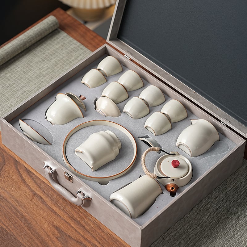 Комплект кунг-фу чай Ру керамика, подложка за чай от бамбук, ледено напукана глазура, подаръчна кутия, за 6 човека, персонализируем