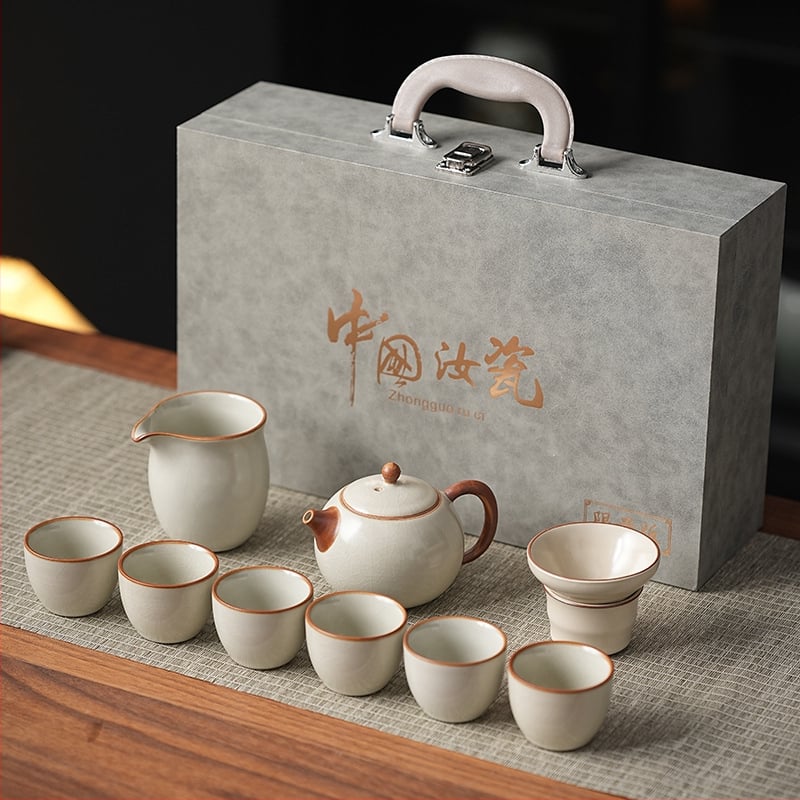 Комплект кунг-фу чай Ру керамика, подложка за чай от бамбук, ледено напукана глазура, подаръчна кутия, за 6 човека, персонализируем