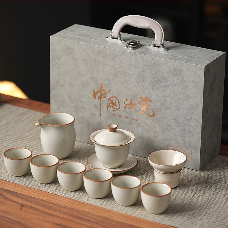 Комплект кунг-фу чай Ру керамика, подложка за чай от бамбук, ледено напукана глазура, подаръчна кутия, за 6 човека, персонализируем