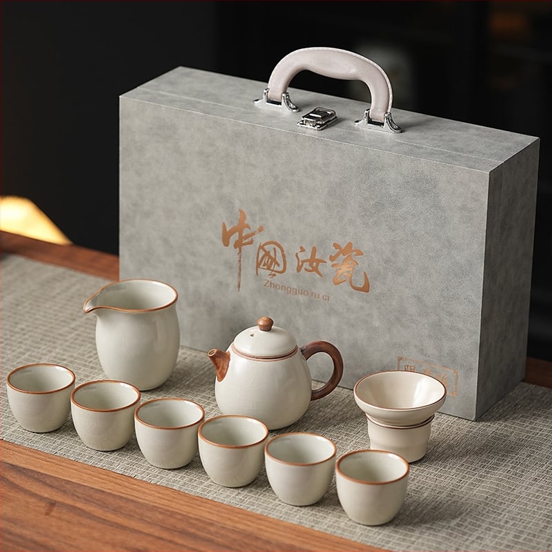 Комплект кунг-фу чай Ру керамика, подложка за чай от бамбук, ледено напукана глазура, подаръчна кутия, за 6 човека, персонализируем