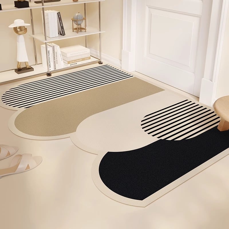 PVC входна постелка, миеща се, регулируема до размер, нестандартна форма, геометричен мотив с ивици, модерен минималистичен стил