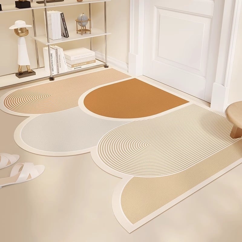 PVC входна постелка, миеща се, регулируема до размер, нестандартна форма, геометричен мотив с ивици, модерен минималистичен стил