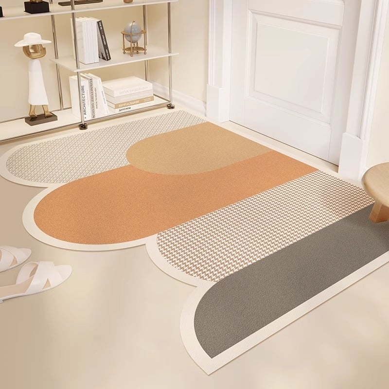 PVC входна постелка, миеща се, регулируема до размер, нестандартна форма, геометричен мотив с ивици, модерен минималистичен стил