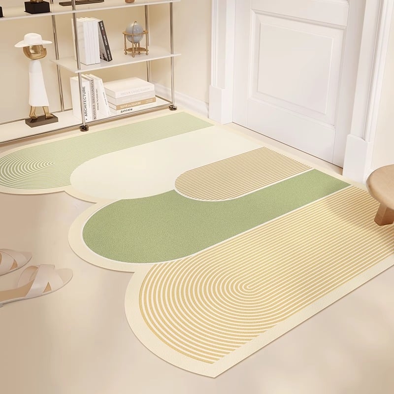 PVC входна постелка, миеща се, регулируема до размер, нестандартна форма, геометричен мотив с ивици, модерен минималистичен стил