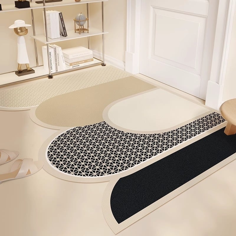 PVC входна постелка, миеща се, регулируема до размер, нестандартна форма, геометричен мотив с ивици, модерен минималистичен стил
