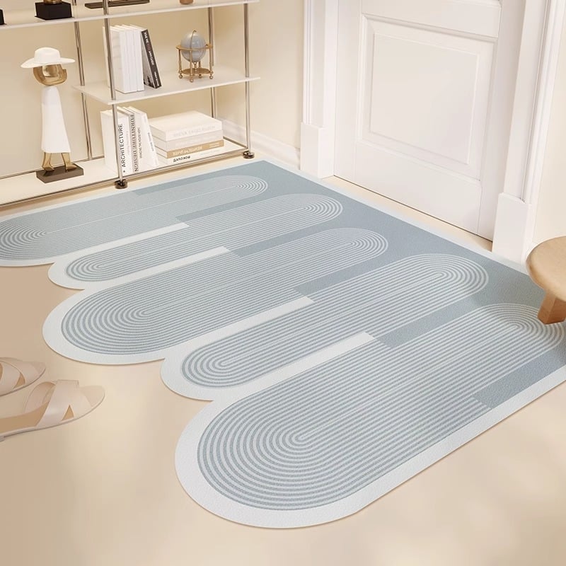 PVC входна постелка, миеща се, регулируема до размер, нестандартна форма, геометричен мотив с ивици, модерен минималистичен стил