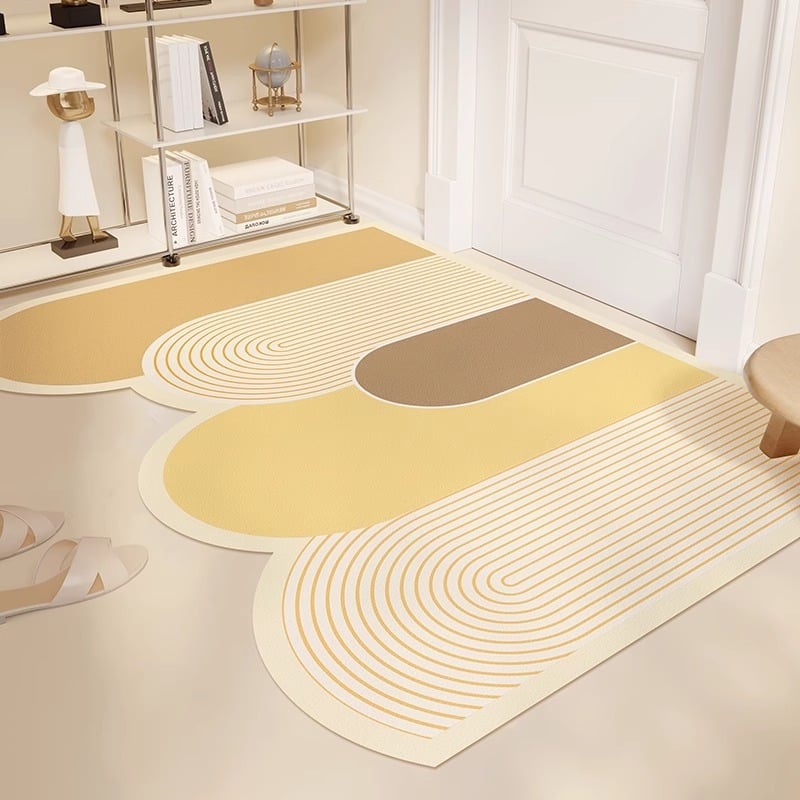 PVC входна постелка, миеща се, регулируема до размер, нестандартна форма, геометричен мотив с ивици, модерен минималистичен стил