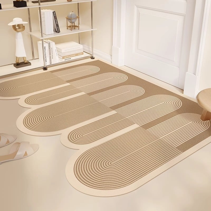PVC входна постелка, миеща се, регулируема до размер, нестандартна форма, геометричен мотив с ивици, модерен минималистичен стил